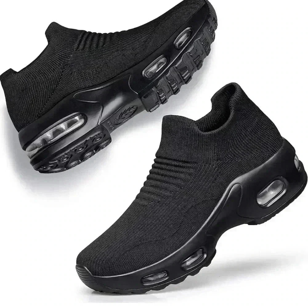 Black Slip-On Sneakers Sock Knit Air Cushion Platform Comfort Shoes Size 8